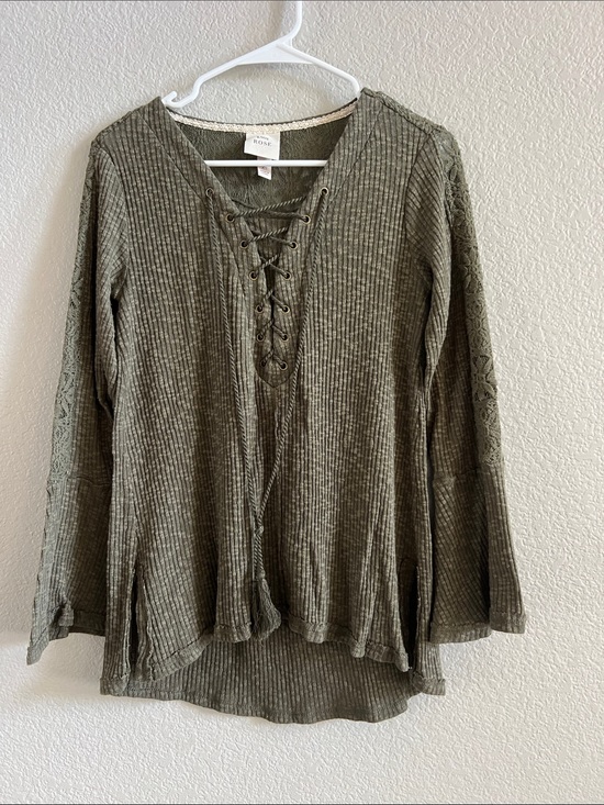 Knox Rose Tops - Knox Rose Lace-Up Ribbed Long-Sleeve Top in Olive Green Size XS